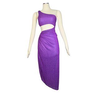Baobab Zadeh Midi Dress Adel Purple Shimmer Cutouts One Shoulder Bodycon S NWT